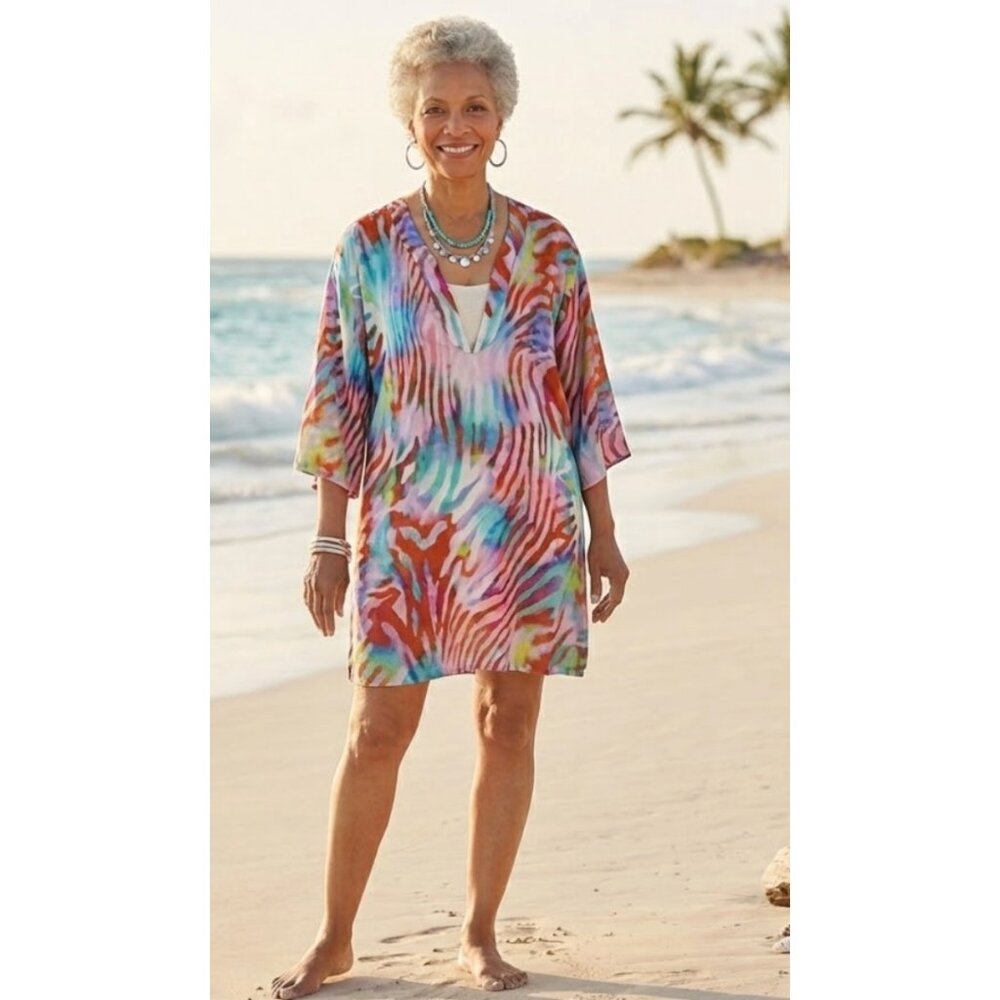 NATORI Multicolor Zebra Print Cover Up Beach Caftan Tunic Size Small Vacation